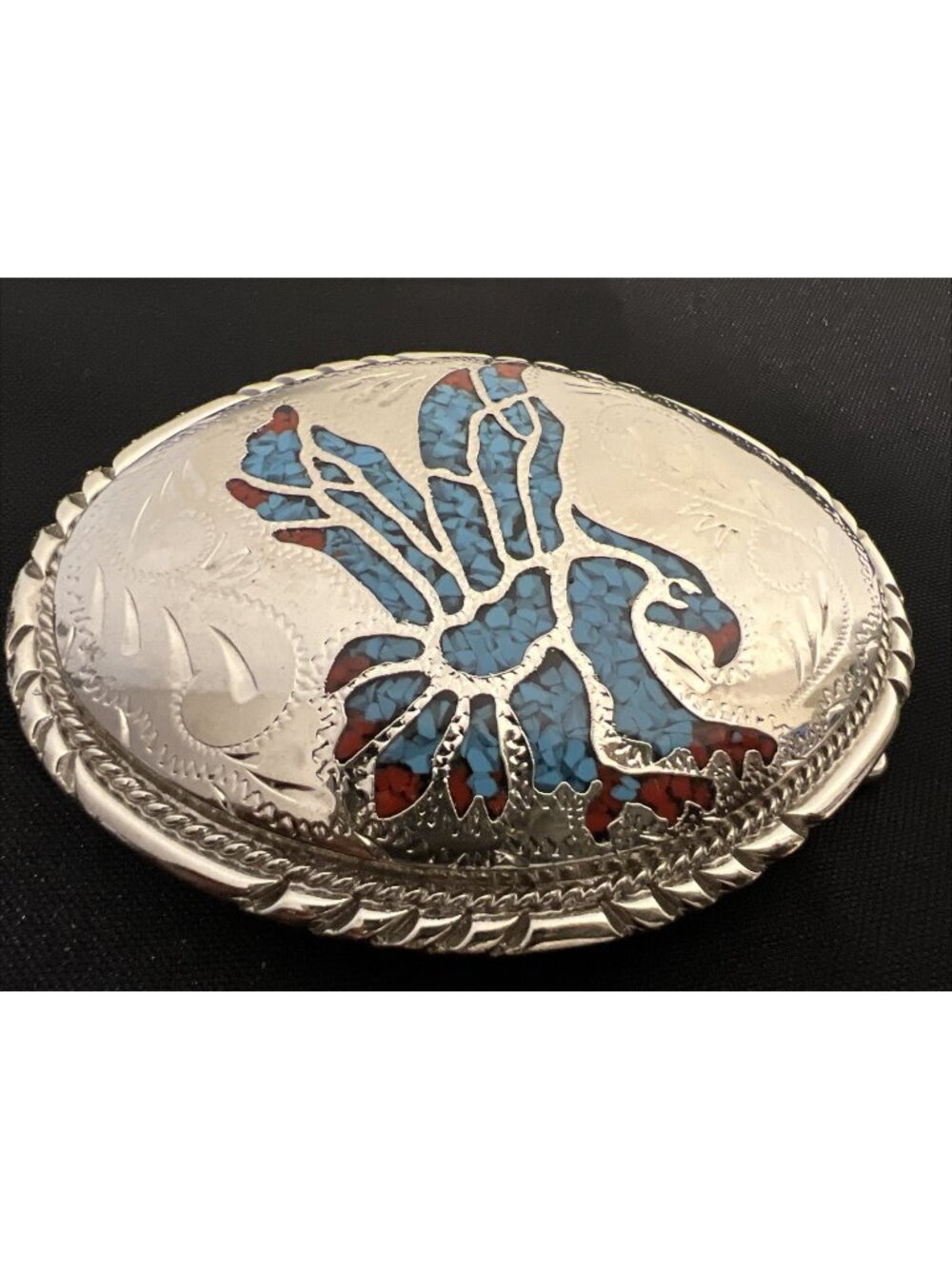 Southwestern Eagle Belt Buckle Western Turquoise Coral Inlay circa 1980